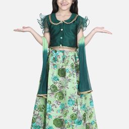 BownBee Girls Green & Gold-Toned Foil Print Ready to Wear Lehenga & Blouse With Dupatta-image-27