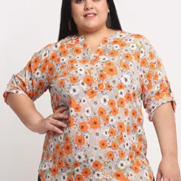 plusS Orange Plus Size Floral Print Mandarin Collar Roll-Up Sleeves Top-image-45