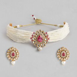 Anouk Gold-Plated Kundan Stone Studded Beaded Choker Jewellery Set-image-65