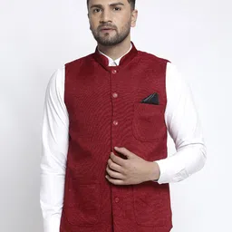 KLOTTHE Men Maroon Solid Woven Nehru Jacket-image-44