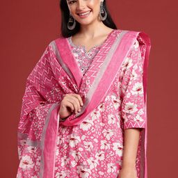 Anouk Floral Printed Mirror Work Pure Cotton Kurta with Trousers & With Dupatta-12