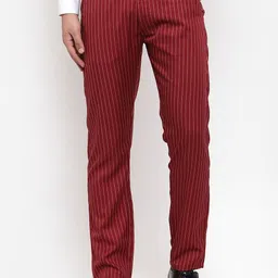 JAINISH Men Maroon & White Slim Fit Striped Formal Trousers-picture-13
