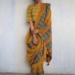 Chidiyaa Mustard Block Printed God Saree-picture-0