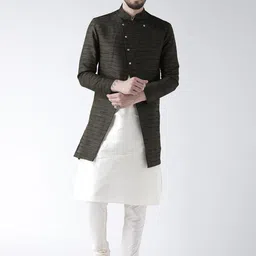 DEYAAN Men Black & Off-White Self-Striped Silk Sherwani With Achkan-image-27
