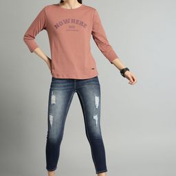 The Roadster Lifestyle Co Women Mauve Printed Round Neck T-shirt-image-31