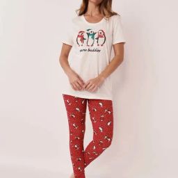 La Vie En Rose White & Red Cotton Printed Top & Pyjama Set-image-26