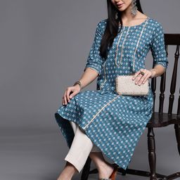 Libas Women Blue Ethnic Motifs Printed Gotta Patti Indigo Kurta-picture-8