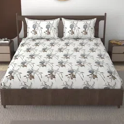 Lunar Days Cream-Coloured & Brown Floral 160 TC King Bedsheet with 2 Pillow Covers-picture-11