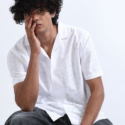 Espanshe Geometric Embroidered Cuban Collar Cotton Crochet Shirt-image-71