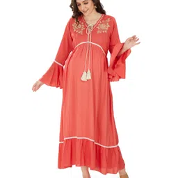 Mom for sure by Ketki Dalal Full Sleeves Floral Embroidered Maternity Cum Nursing Maxi Dress - Coral-picture-27