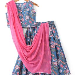 Babyhug 100% Cotton Woven Sleeveless Floral Printed Choli with Lehenga and Dupatta - Teal Blue-image-58