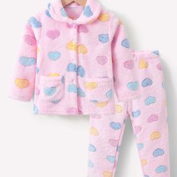 Kookie Kids Full Sleeves Heart Printed Winter Wear Night Suit - Pink-image-43