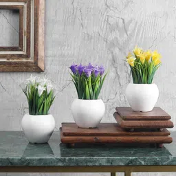 Foliyaj Artificial Mini Plant with Thin Long Leaves, Yellow, White and Dark Purple Lily Flowers - Combo of 3-picture-24