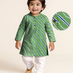 Earthy Touch Single Jersey Knit Full Sleeves Kurta Pyjama Set Stripes & Bandhani Print - Green-image-42