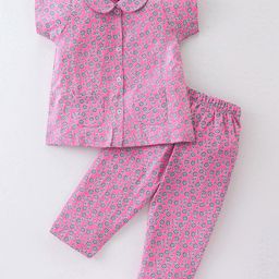 Evimo Single Jersey Pyjama Half Sleeves Night Suit Floral Print - Pink-image-19