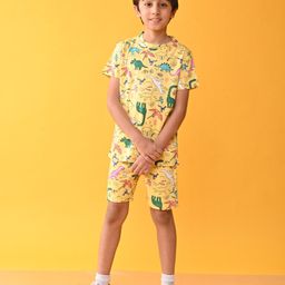 Anthrilo Cotton Knit Half Sleeves Dinosaur Printed Coordinating Tee & Shorts Set - Yellow-image-84