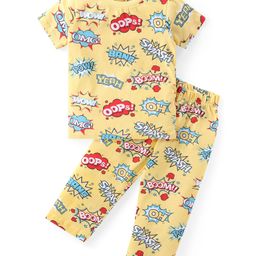 Babyhug Cotton Knit Half Sleeves Night Suit With Text Print - Yellow-image-5