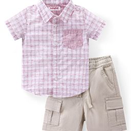 Babyhug Cotton Woven Half Sleeves Checkered Shirt &  Shorts Set - Pink & Beige-image-35