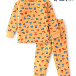 Babyoye Cotton Modal Full Sleeves Thermal Vest & Pant Set with Car Print - Yellow-image-63