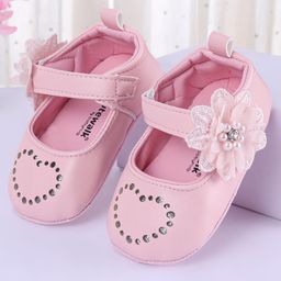 Cute Walk by Babyhug Velcro Closure Floral & Pearl Detailing Ballerina Booties - Pink-image-73