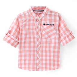 Babyhug Cotton Woven Full Sleeves Mandarin Collar Checks Shirt with Pocket - Pink-image-11