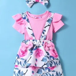 Kookie Kids Cotton Half Sleeves Onesie with Floral Printed Skirt & Bow - Pink-picture-46