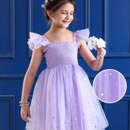 Mark & Mia Net Woven Sleeveless Party Gown With Glitter Print & Smocked Yoke - Lilac-image-41