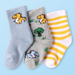 Cute Walk by Babyhug Terry Knit Ankle Length Antibacterial Socks with Dino Design & Stripes Pack of 3 - Grey Light Blue & White-image-69