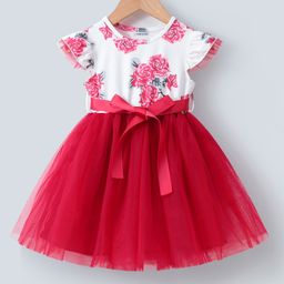 Mark & Mia Cap Sleeves Floral Printed with Ribbon Detailing Flared Party Frock - Red-image-25