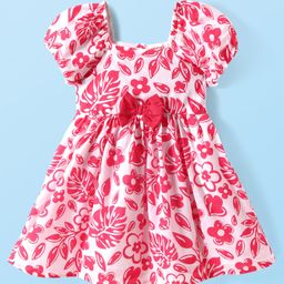 Babyhug Poplin Woven Half Puffed Sleeves Frock with Bow Applique & Floral Print - Dark Pink-image-96