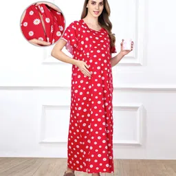 Bella Mama Cotton Knit Half Sleeves Concealed Zipper Floral Print Nighty - Red-picture-6