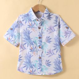 JASH KIDS Cotton Knit Half Sleeves Shirt with Tropical Theme Print - Blue-image-55