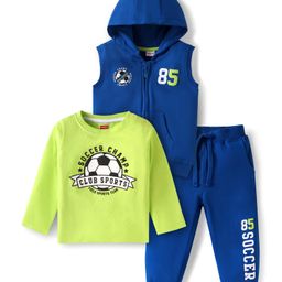 Babyhug Terry Knit Full Sleeves T-Shirt & Lounge Pant Set with Hooded Sweatjacket & Soccer Print - Blue-image-58