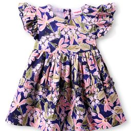 Babyhug Cotton Knit Frill Sleeves Frock With Floral Print - Navy Blue-image-41