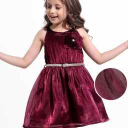 Hola Bonita Woven Sleeveless Shiny Fabric Solid Dress With Floral Corsage - Wine-image-97