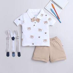 BUMZEE Cotton Woven Half Sleeves Animal Printed Polo T-Shirt & Shorts Set With Suspender - White & Brown-image-16