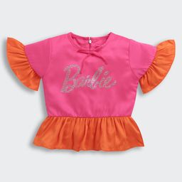Barbie by Tiny Girl Half Flutter Sleeves Brand Name Foil Printed Top - Orange-picture-23