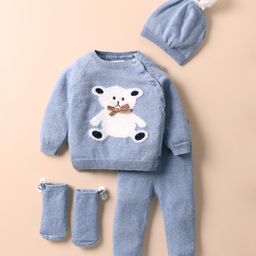 Yellow Apple Knit Full Raglan Sleeves Sweater Set with Bear Design Booties & Cap - Light Blue-image-89