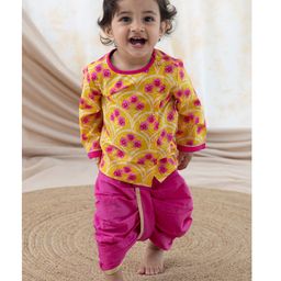 Tiber Taber 100% Cotton Full Sleeves Floral Printed Kurta & Dhoti Set - Yellow-picture-42