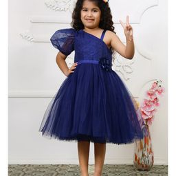 Toy Balloon Kids Net Half Puffed Sleeves Floral Applique Detailed Swiss Dot Designed Dress - Navy Blue-image-95