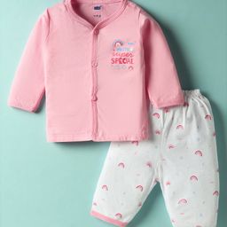 Simply Sinker Knit Full Sleeves Front Open Text & Rainbow Printed Night Suit - Pink-picture-10