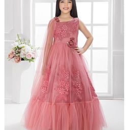 Betty By Tiny Kingdom Net Woven Sleeveless Floral Shaped Sequins Embellished & Applique Detailed Tiered Gown - Pink-image-59
