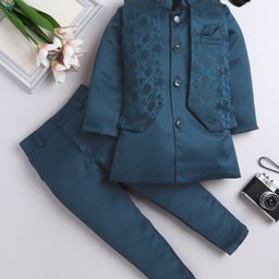 Fourfolds Woven Full Sleeves Solid Sherwani & Pant With Floral Embroidered Jacket Set - Teal Blue-picture-35