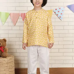 Polka Tots Boys Animal Printed Mandarin Collar Pure Cotton Straight Kurta With Pyjama-49