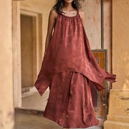 Dash and Dot Beaded Neck Draped Sleeveless Tunic With Skirt-57