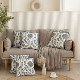 Clasiko White & Blue 5 Pieces Floral Printed Square Cotton Cushion Covers-11