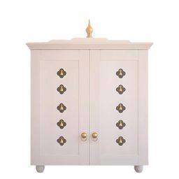 DZYN Furnitures Aumkara White & Gold Toned Wooden Floor Pooja Temple With Door-image-84