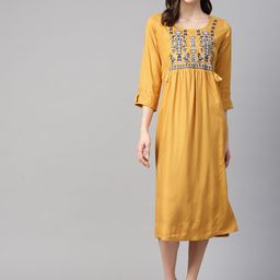 plusS Women Mustard Yellow Solid A-Line Dress with Embroidered Detail-picture-16