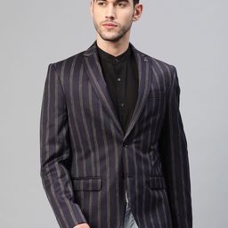 Blackberrys Men Navy Blue & Brown Slim Fit Striped Single-Breasted Smart Casual Blazer-image-79