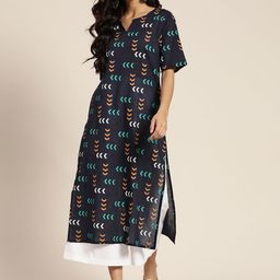Sangria Women Navy Blue & White Geometric Print Pure Cotton Straight Kurta-57